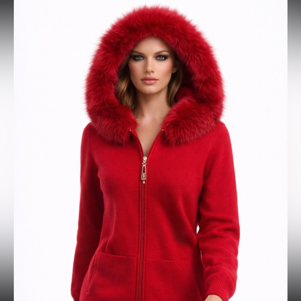 St. John Cashmere Fur Trim  knit sweater  Arctic Fox Fur